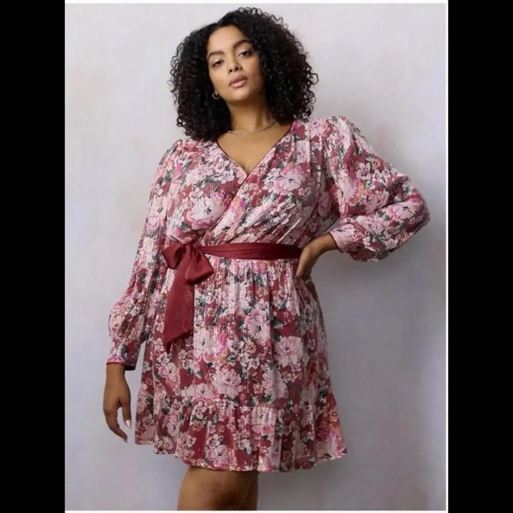 NWT Women's LC Lauren Conrad Puff Sleeve Sequin Wrap Mini Dress Size 2X